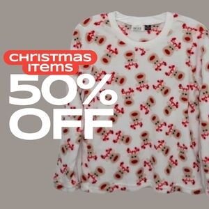 White Crewneck White Red Fleece Reindeer PJ Top Kidcore Loungewear Women's Med